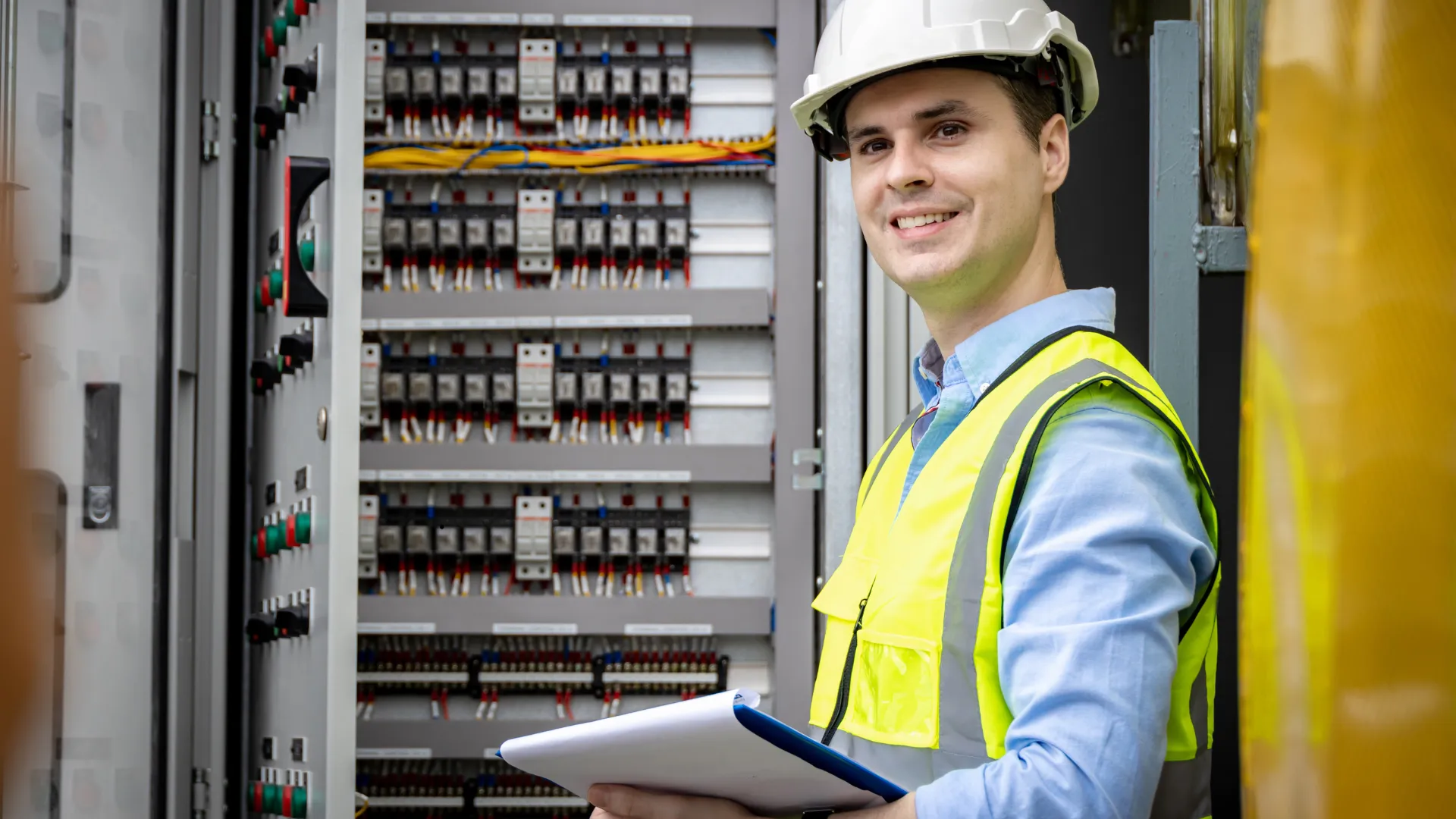 Técnico com tablet em galpão industrial